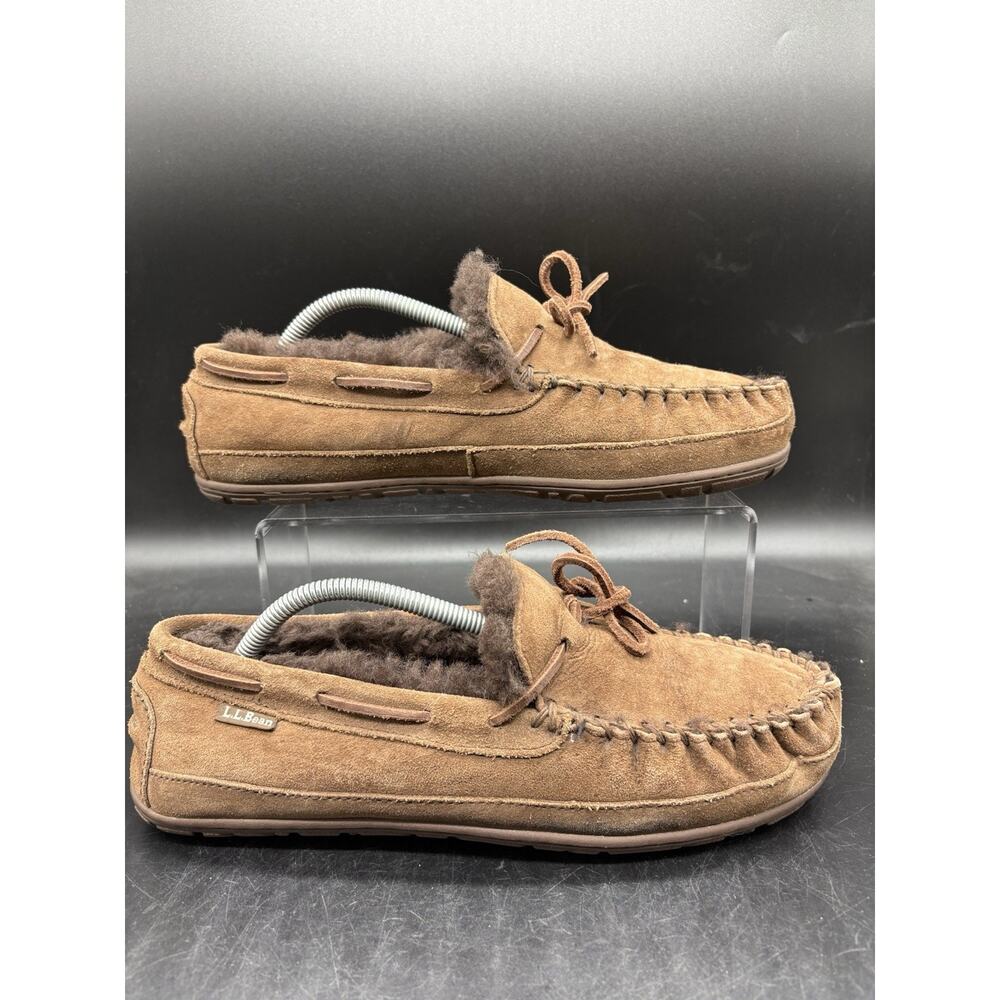 LL Bean Wicked Good Men's Size 10 Brown Suede Shearling Lined Moccasin Slippers